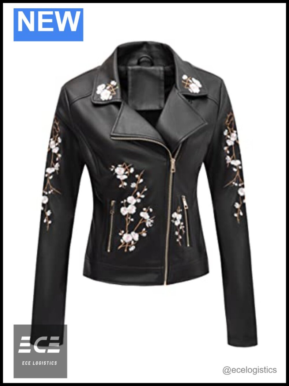 Faux Leather Floral Embroidered Moto Jacket Lightweight Slim Fit